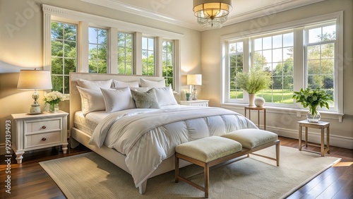 Soft, serene, and rejuvenating slumber, with a comfortable bed, crisp white linens, and a peaceful ambiance, inducing a restful and refreshing morning. photo