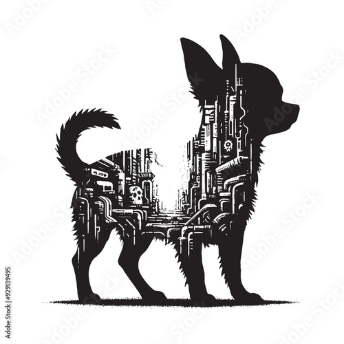silhouette of chihuahua, filled with destroyed futuristic dystopia environment in rough drawing,
