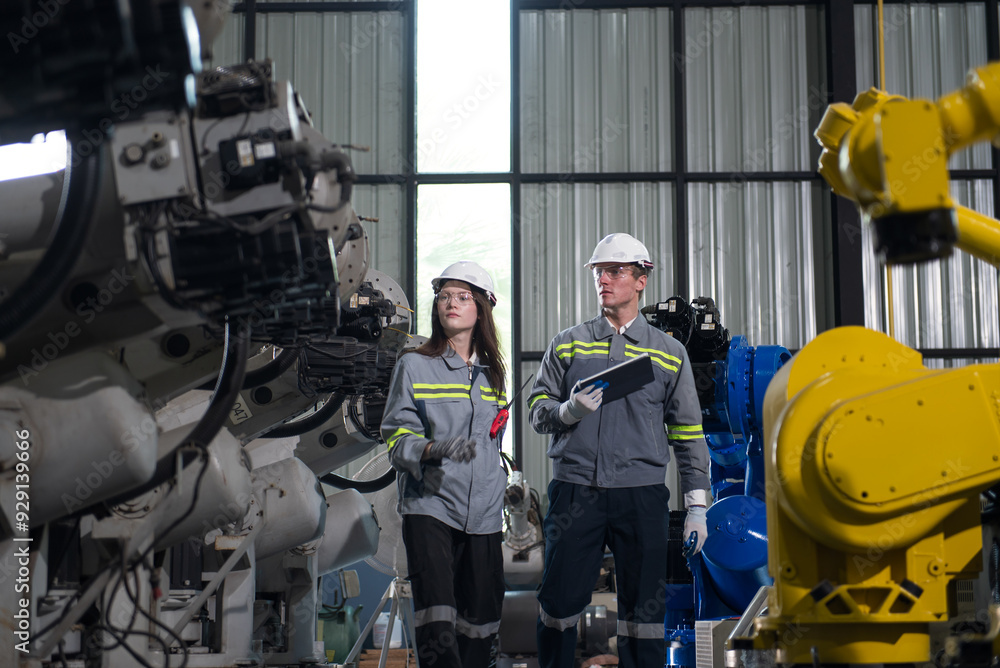 Fototapeta premium Engineer standing by robotic arm and operating machine in industry factory