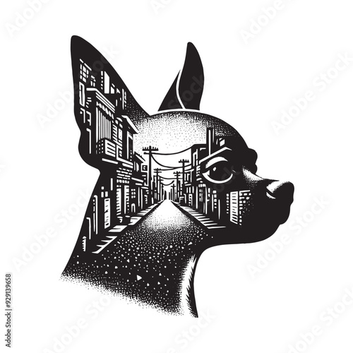 silhouette of chihuahua, filled with ghetto street in rough drawing,