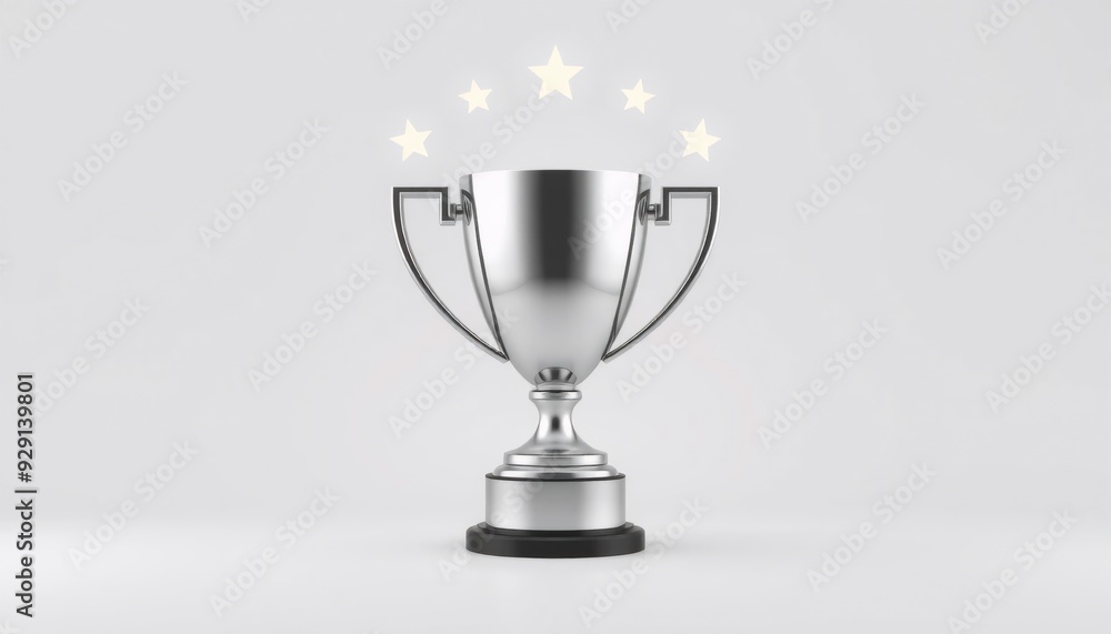 vector of a silver trophy in the center with a halo of bright stars around it set against a light grey background creating a clean and modern celebratory theme vector of a silver trophy in the center with a halo of bright stars around it set against a light grey background creating a clean and modern celebratory theme