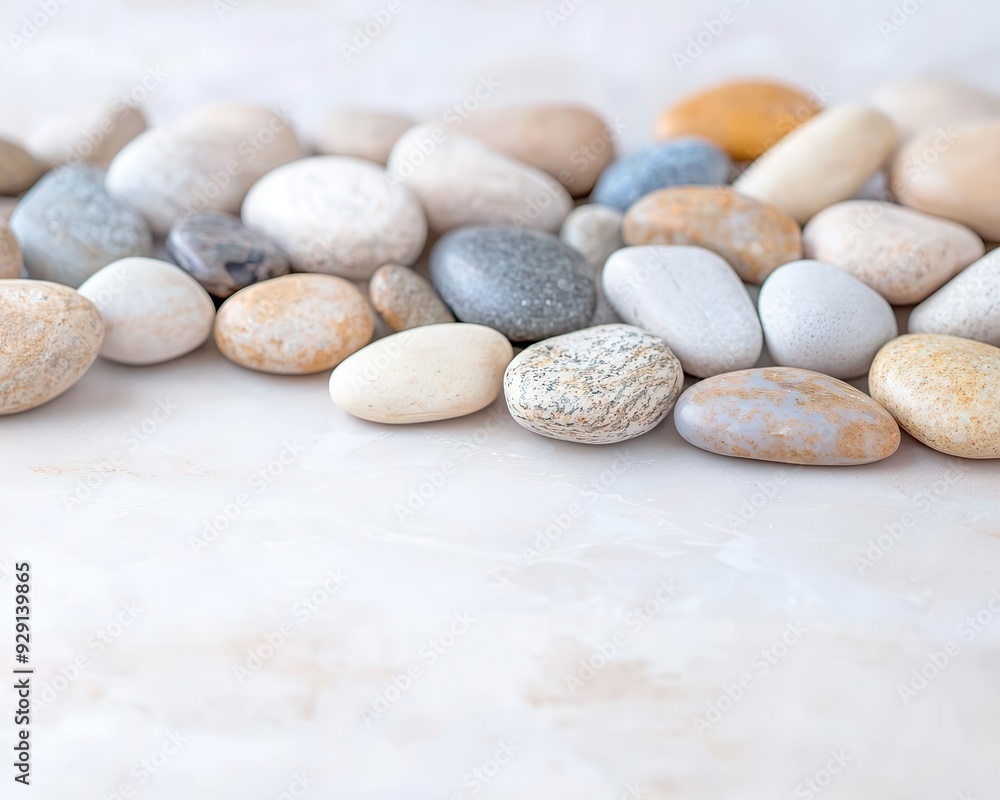 Delicate pebbles scattered on a smooth stone slab, soft lighting with generous copy space, perfect for contemporary layouts. Delicate pebbles scattered on a smooth stone slab, soft lighting with generous copy space, perfect for contemporary layouts.