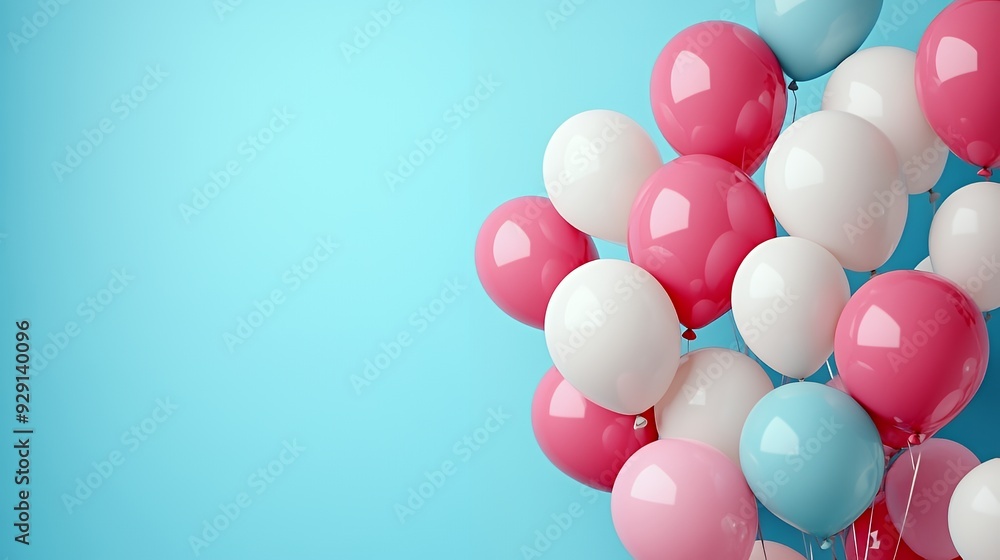 A cluster of colorful balloons in pink, white, and blue against a light blue background. A cluster of colorful balloons in pink, white, and blue against a light blue background.