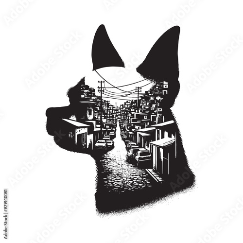 silhouette of chihuahua, filled with ghetto street in rough drawing,