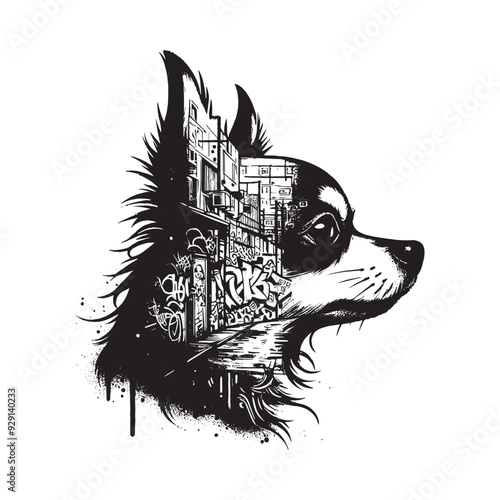 silhouette of chihuahua, filled with graffiti street wall in rough drawing,