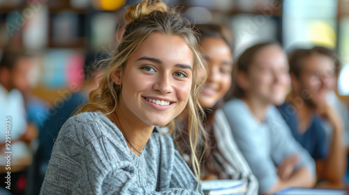 Wallpaper Mural A group of happy students sitting in the classroom smiling and looking at the camera Torontodigital.ca