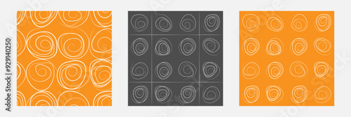 Set of seamless patterns. Round doodles made of light lines on a dark and orange background. For wrappers, ribbons, backgrounds, wallpaper, packaging