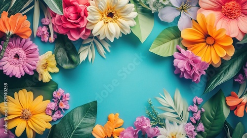 Floral Frame of Joy: A vibrant array of colorful blooms and lush foliage forms a captivating frame, creating a cheerful and inviting backdrop. Perfect for adding a touch of nature and optimism to your