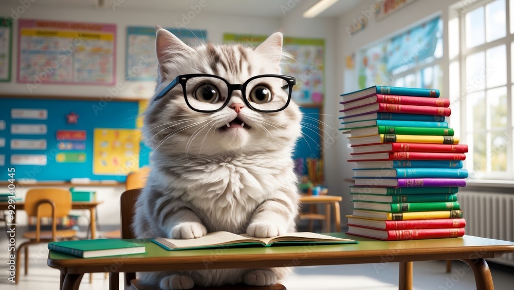 A fluffy cat in glasses studies at a classroom desk filled with books A fluffy cat in glasses studies at a classroom desk filled with books