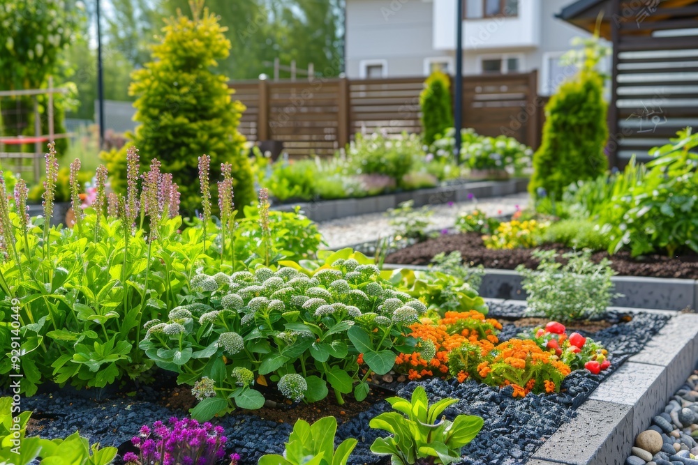 A bright garden with colorful flowers and lush greenery in the backyard of a residential home A bright garden with colorful flowers and lush greenery in the backyard of a residential home