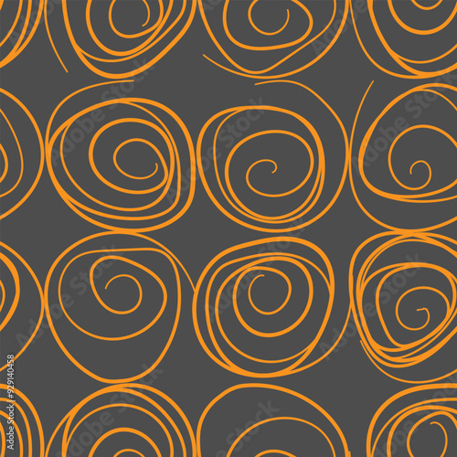 Seamless pattern of orange doodles made of lines on a dark background