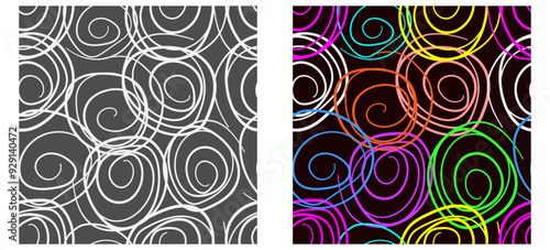 Set of seamless patterns. Round doodles made of light lines on a dark background. One pattern of colored doodles. For wrappers, ribbons, backgrounds, wallpaper, packaging