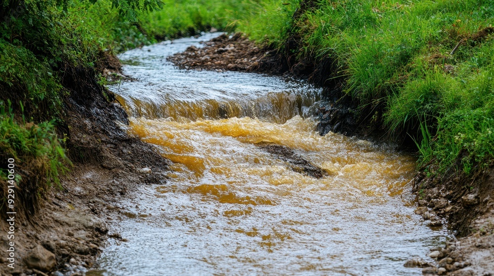 Fototapeta premium A gentle river cascades over rocks, surrounded by vibrant green grass under clear skies