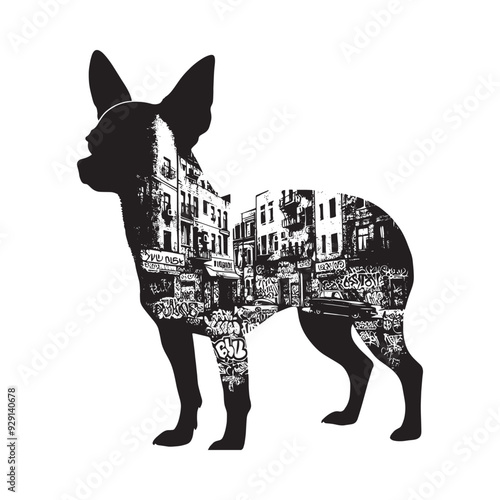 silhouette of chihuahua, filled with graffiti street wall in rough drawing,