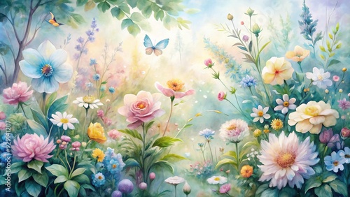 Soft, whimsical watercolor painting of a blooming botanical garden, featuring delicate, dreamy flowers and lush greenery in shades of pastel pink, blue, and yellow.