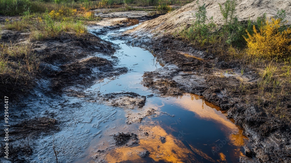 The sky reflects vibrant colors in a small, muddy stream within a tranquil natural setting The sky reflects vibrant colors in a small, muddy stream within a tranquil natural setting