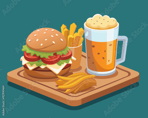 A golden fried chicken sandwich with crispy fries and tangy ketchup sits on a rustic wooden plate against a backdrop of a frosty beer mug