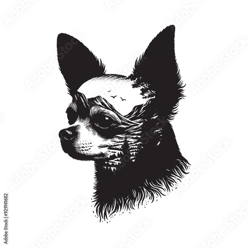 silhouette of chihuahua, filled with nature view in rough drawing,