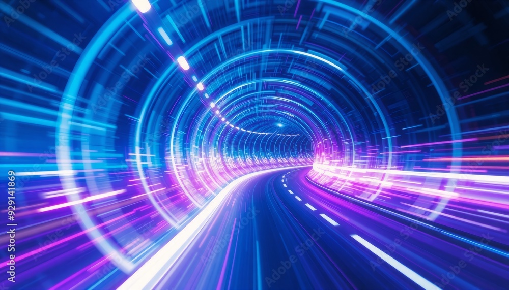pulsating lights in shades of blue and purple form a swirling tunnel walls are covered in glowing streaks creating a vivid sense of speed and motion through space pulsating lights in shades of blue and purple form a swirling tunnel walls are covered in glowing streaks creating a vivid sense of speed and motion through space