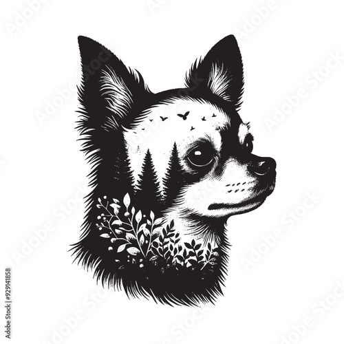 silhouette of chihuahua, filled with nature view in rough drawing,