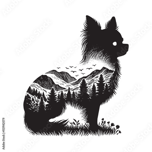 silhouette of chihuahua, filled with nature view in rough drawing,