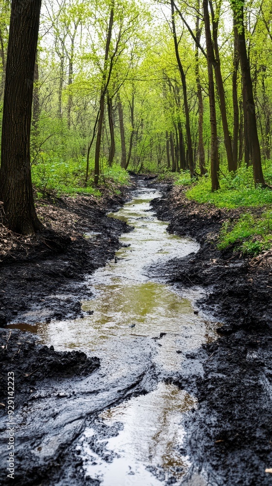 A narrow stream flows through a lush forest, surrounded by vibrant green trees and soft earth A narrow stream flows through a lush forest, surrounded by vibrant green trees and soft earth