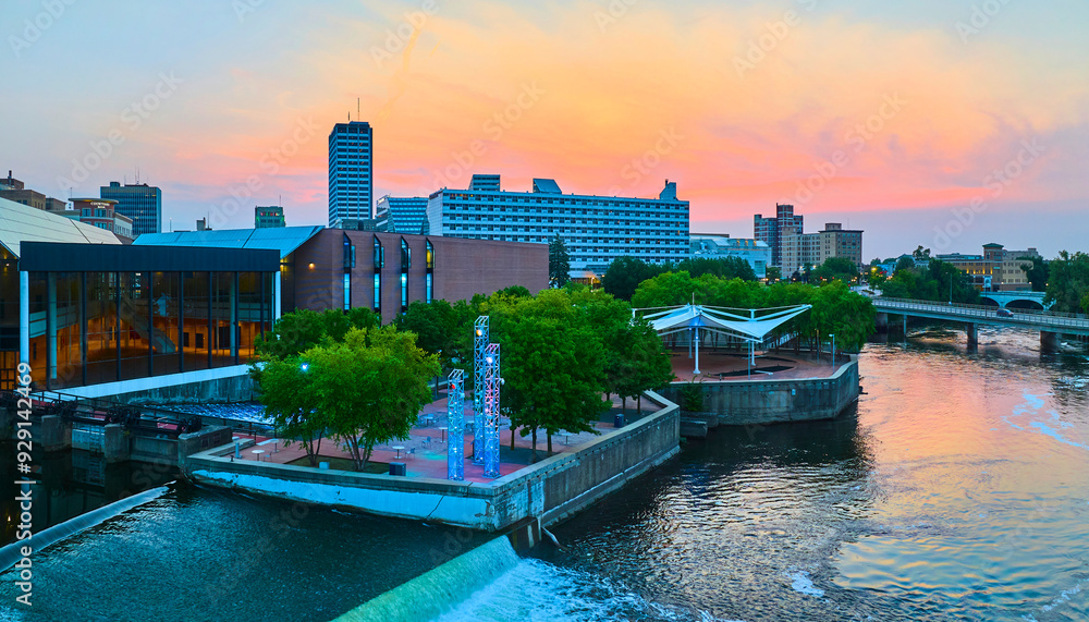 Fototapeta premium Aerial Panorama of South Bend Riverfront at Sunset