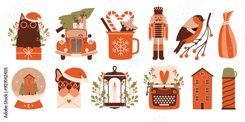 Big Christmas collection of cute cliparts. New Year tree with gifts lies on red vintage car. Christmas Glass Snow Globe. Bullfinch sitting on branch. Illustrations of nutcracker, house, cat, cup, bag.