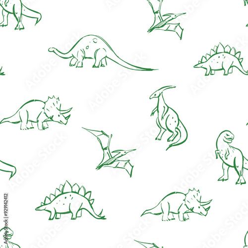 Dinosaurs, sketch, seamless pattern, monochrome sketch, hand drawn vector