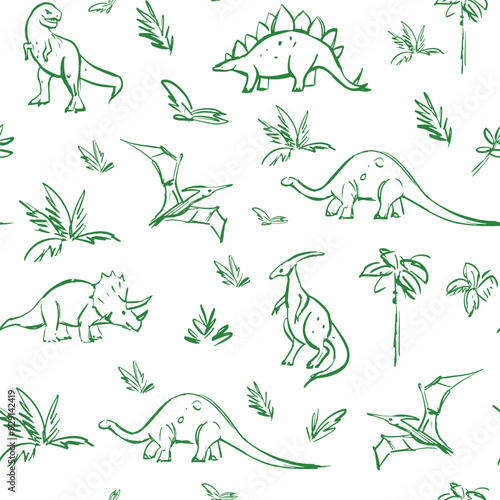 Dinosaurs, sketch, seamless pattern, monochrome sketch, hand drawn vector