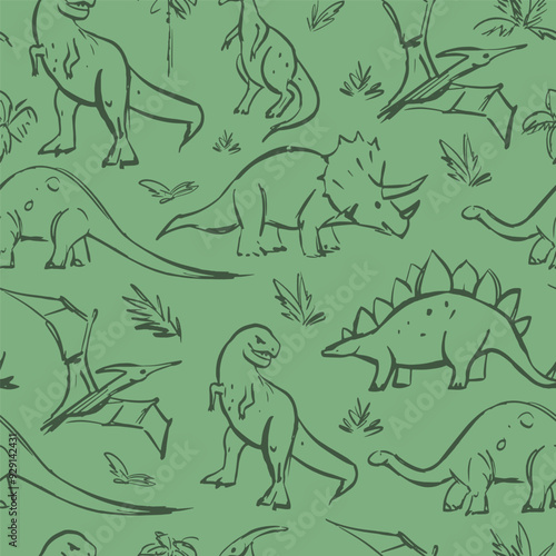 Obraz na płótnie Dinosaurs, sketch, seamless pattern, monochrome sketch, hand drawn vector w salonie