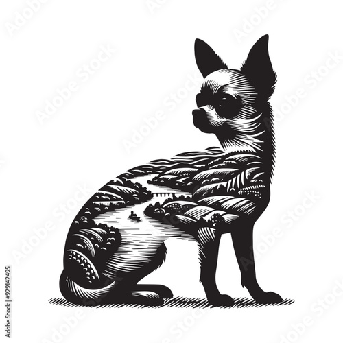 silhouette of chihuahua, filled with river view in rough drawing,