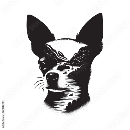 silhouette of chihuahua, filled with river view in rough drawing,