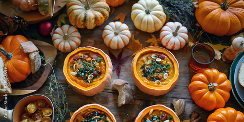 A beautifully arranged Thanksgiving feast featuring a pumpkin soup served in hollowed-out mini pumpkins, with a side of crusty bread, and surrounded by other holiday dishes and autumnal decor.