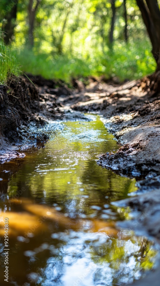 A gentle stream meanders through vibrant greenery under a clear blue sky A gentle stream meanders through vibrant greenery under a clear blue sky
