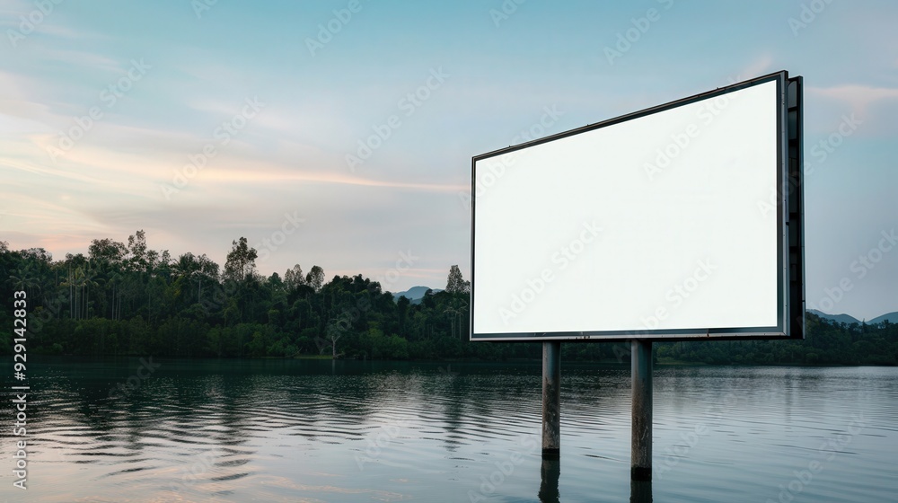 Obraz premium Lakeside Billboard Serenity, an empty advertisement space beside calm waters, surrounded by lush greenery, inviting nature-themed messages to enhance the peaceful landscape.