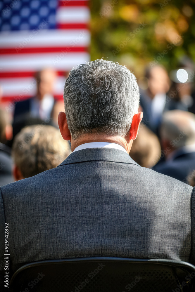 A middle-aged man with grey hair is seen from behind, facing a blurred crowd and an American flag at a public event, symbolizing dedication to national service. A middle-aged man with grey hair is seen from behind, facing a blurred crowd and an American flag at a public event, symbolizing dedication to national service.