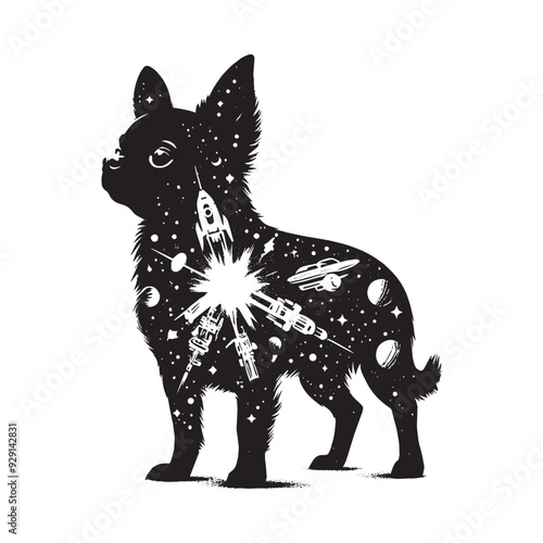 silhouette of chihuahua, filled with space and sci-fi element in rough drawing,