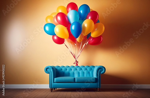 Happy birthday card, invitation with empty space for text. A velvet chair or sofa, a throne for the birthday boy surrounded by colorful balloons. Festive, theatrical atmosphere.