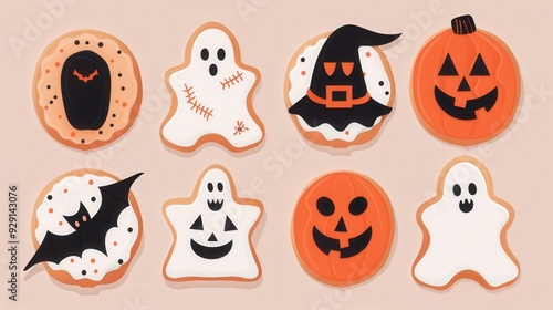 Spooky Halloween Cookie Assortment, a vibrant flat design featuring an array of whimsical cookies in ghost, pumpkin, and bat shapes, perfect for festive celebrations.