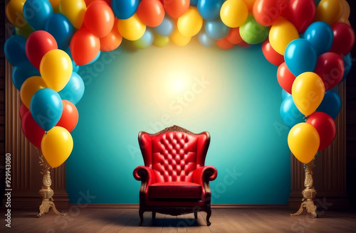 Happy birthday card, invitation with empty space for text. A velvet chair or sofa, a throne for the birthday boy surrounded by colorful balloons. Festive, theatrical atmosphere.