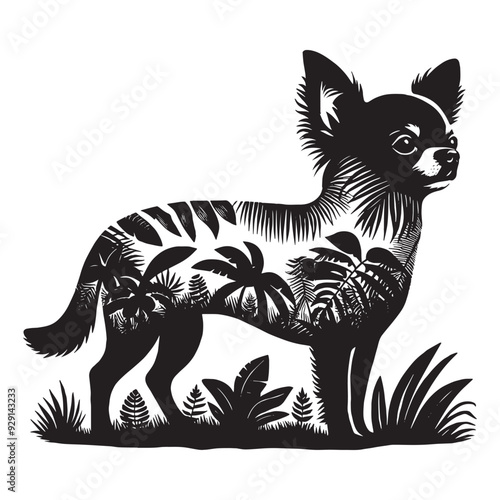 silhouette of chihuahua, filled with tropical plant in the jungle in rough drawing,