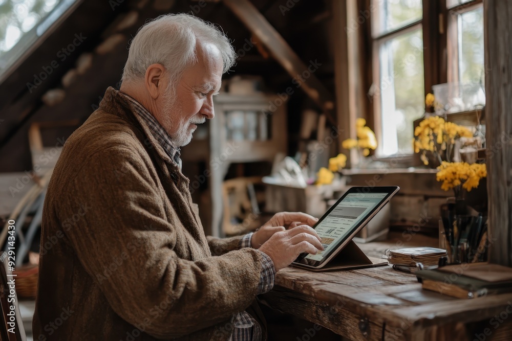Senior Man Engaging in Online Learning on Tablet at Rustic Desk, Side Profile View Senior Man Engaging in Online Learning on Tablet at Rustic Desk, Side Profile View