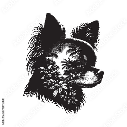 silhouette of chihuahua, filled with tropical plant in the jungle in rough drawing,