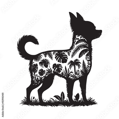 silhouette of chihuahua, filled with tropical plant in the jungle in rough drawing,