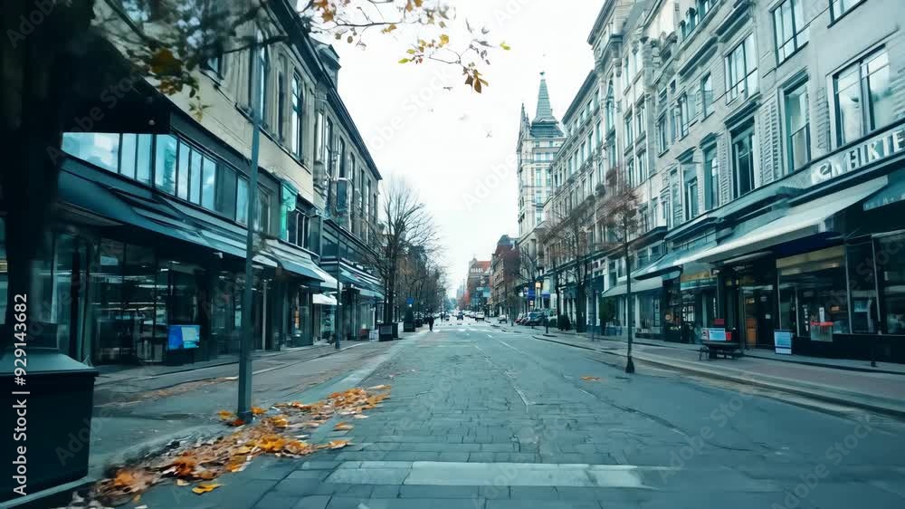 Camera moves along cozy empty European street. Architecture of buildings and houses. City alley with paving stones. Urban road at historical town. Europe culture and history concept. Tourists landmark