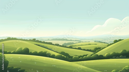 Rolling green hills with a blue sky and clouds. Nature cartoon background.