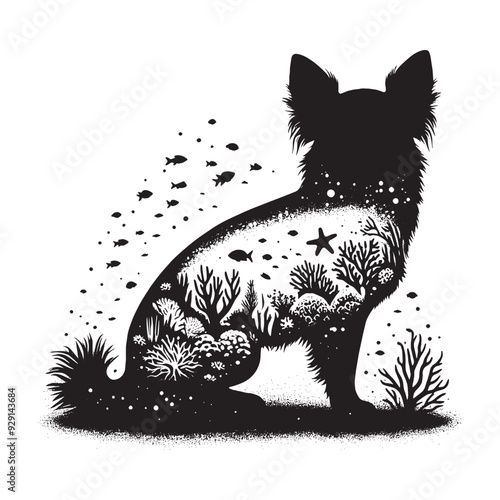 silhouette of chihuahua, filled with underwater view with coral in rough drawing,