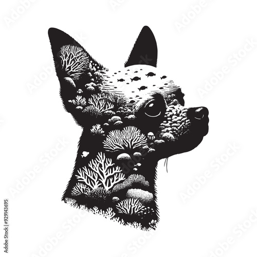 silhouette of chihuahua, filled with underwater view with coral in rough drawing,
