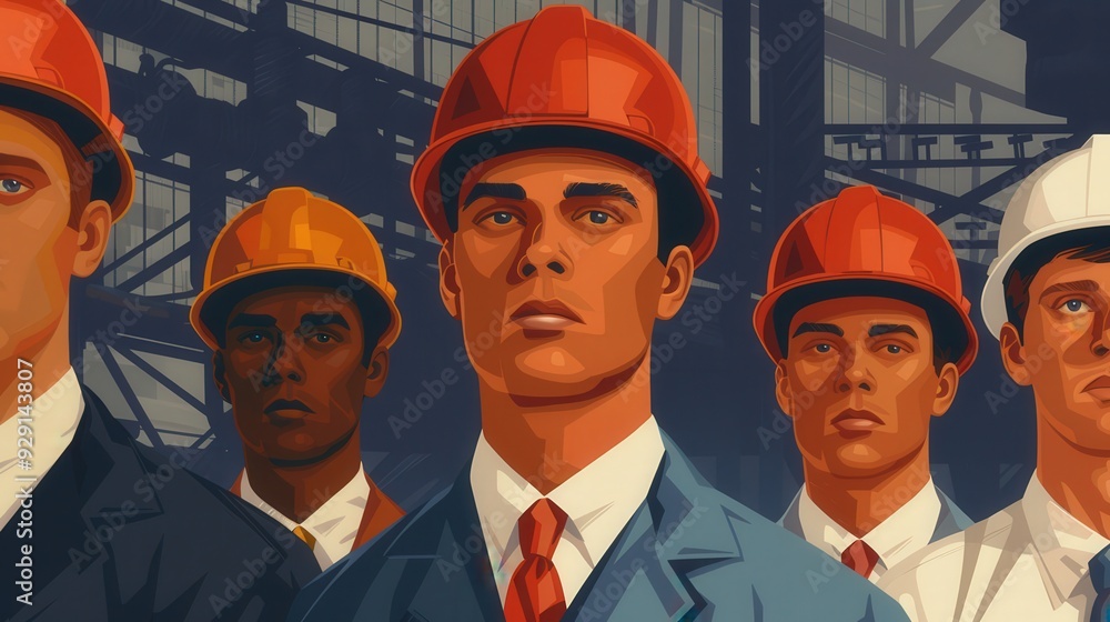 Retro illustration celebrating Labor Day, depicting factory workers engaged in various tasks, honoring their contributions and the spirit of the labor movement throughout history. Retro illustration celebrating Labor Day, depicting factory workers engaged in various tasks, honoring their contributions and the spirit of the labor movement throughout history.